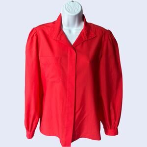 Lady Manhattan Puff Sleeve Red Blouse, Notched Collar, Hidden Placket, Sz 10 80s